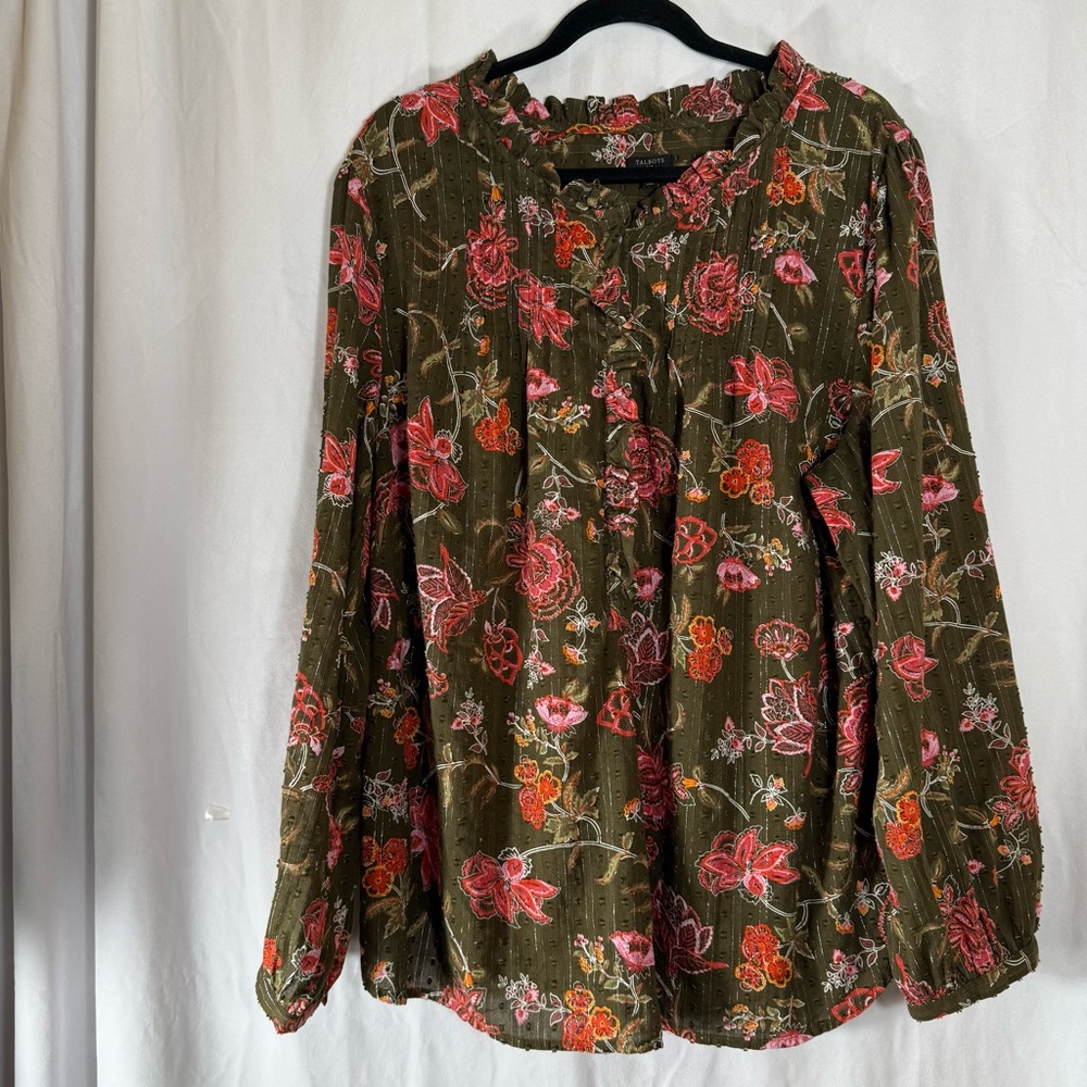 Talbots Ruffle Neck‎ Button Close Long Sleeve Shirt 2X Olive Pink Metallic Color